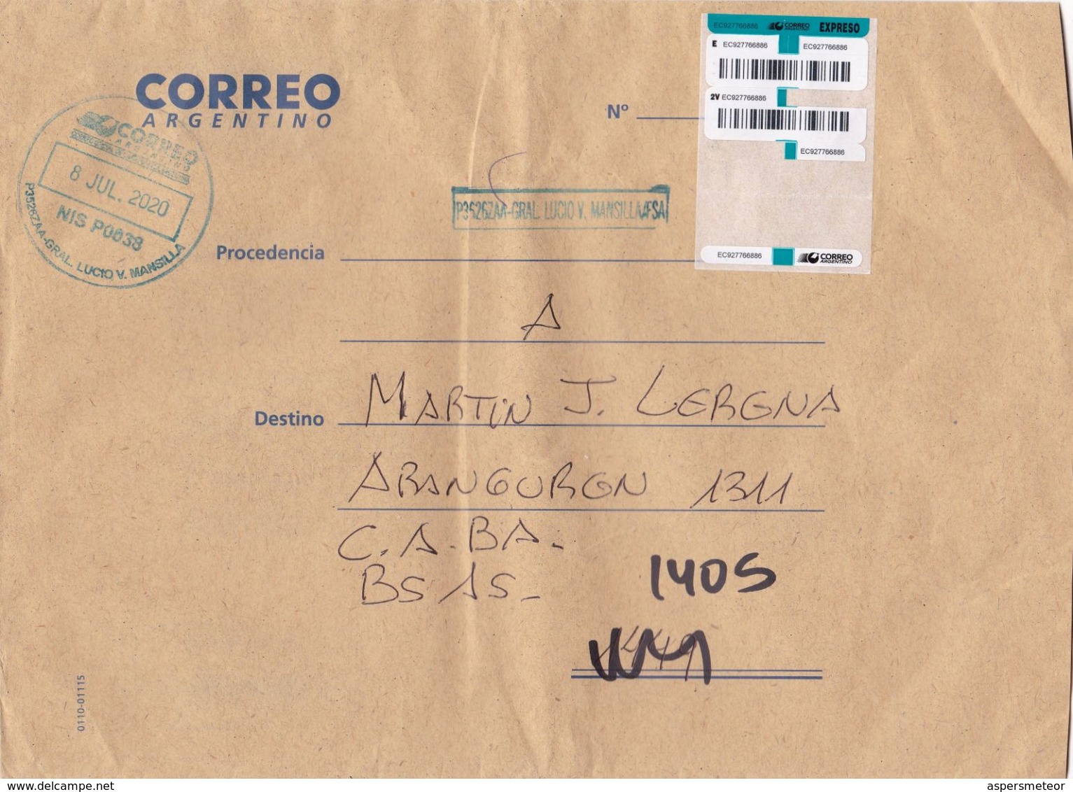 EXPRESO. ARGENTINE ENVELOPPE CIRCULEE GENERAL LUCIO V MANSILLA A CAPITAL FEDERAL. ANNEE 2020. -LILHU - Storia Postale