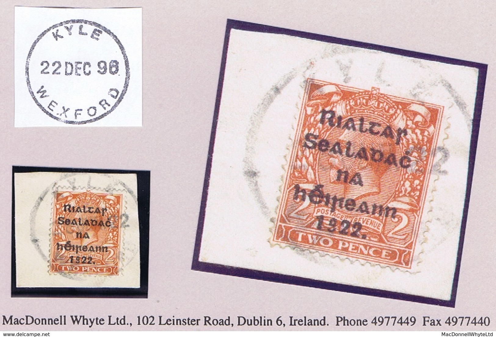 Ireland Wexford 1922 Rubber Climax Dater KYLE WEXFORD 28 JUN.22 On Thom Rialtas 2d Die 2 On Piece - Other & Unclassified