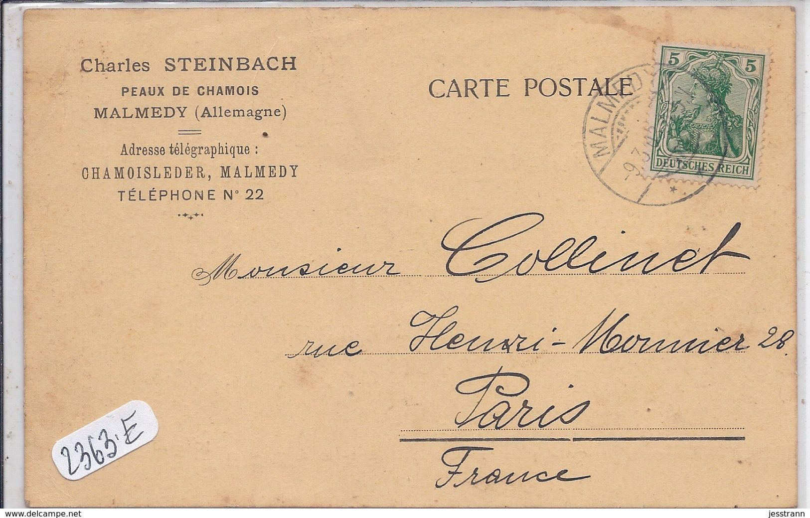 MALMEDY- CHARLES STEINBACH- PEAUX DE CHAMOIS- RECT/VERSO- TARIF 1908 - Eupen Und Malmedy