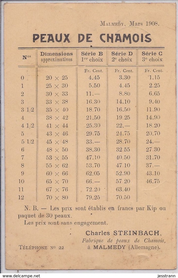 MALMEDY- CHARLES STEINBACH- PEAUX DE CHAMOIS- RECT/VERSO- TARIF 1908 - Eupen Und Malmedy