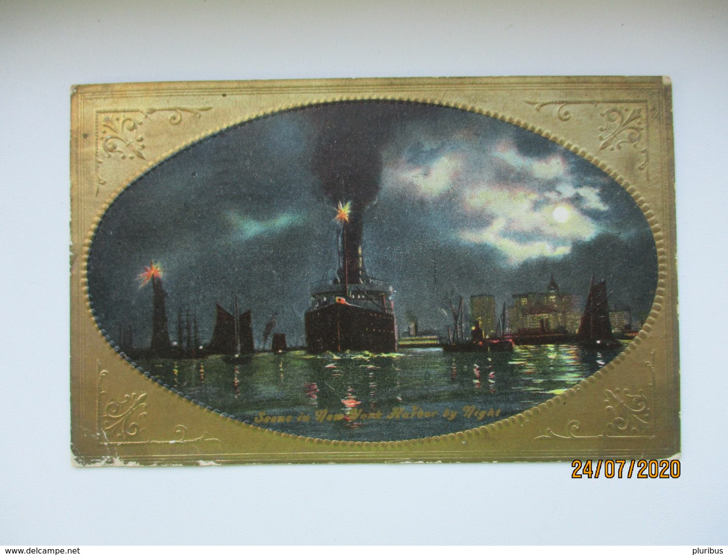 SCENE ON NEW YORK HARBOR BY NIGHT , OLD POSTCARD , 0 - Transport