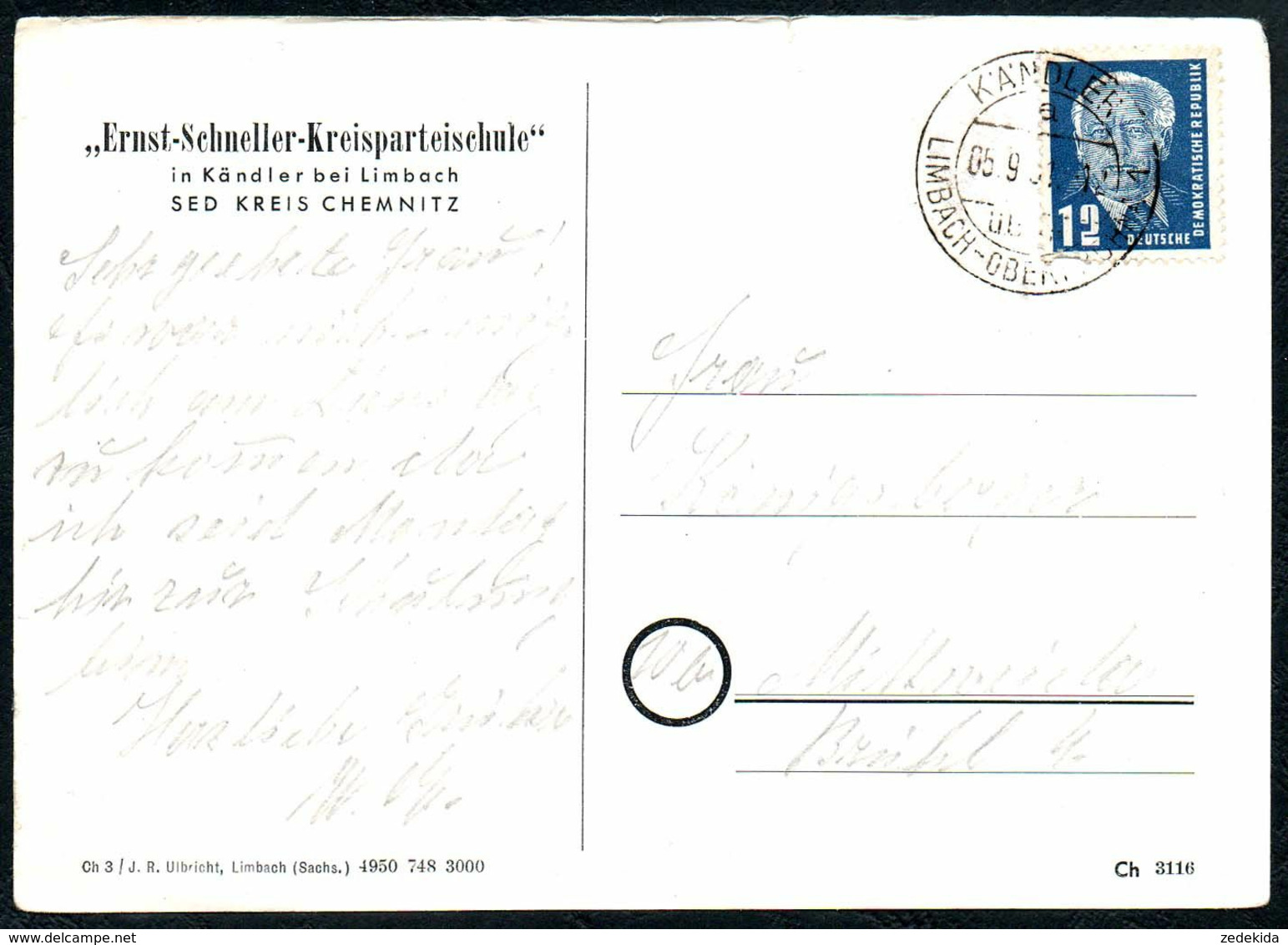 D8528 - Ernst Schneller SED Kreisparteischule Chemnitz In Kändler Limbach - Ulbricht - Landpoststempel Landpost - Limbach-Oberfrohna