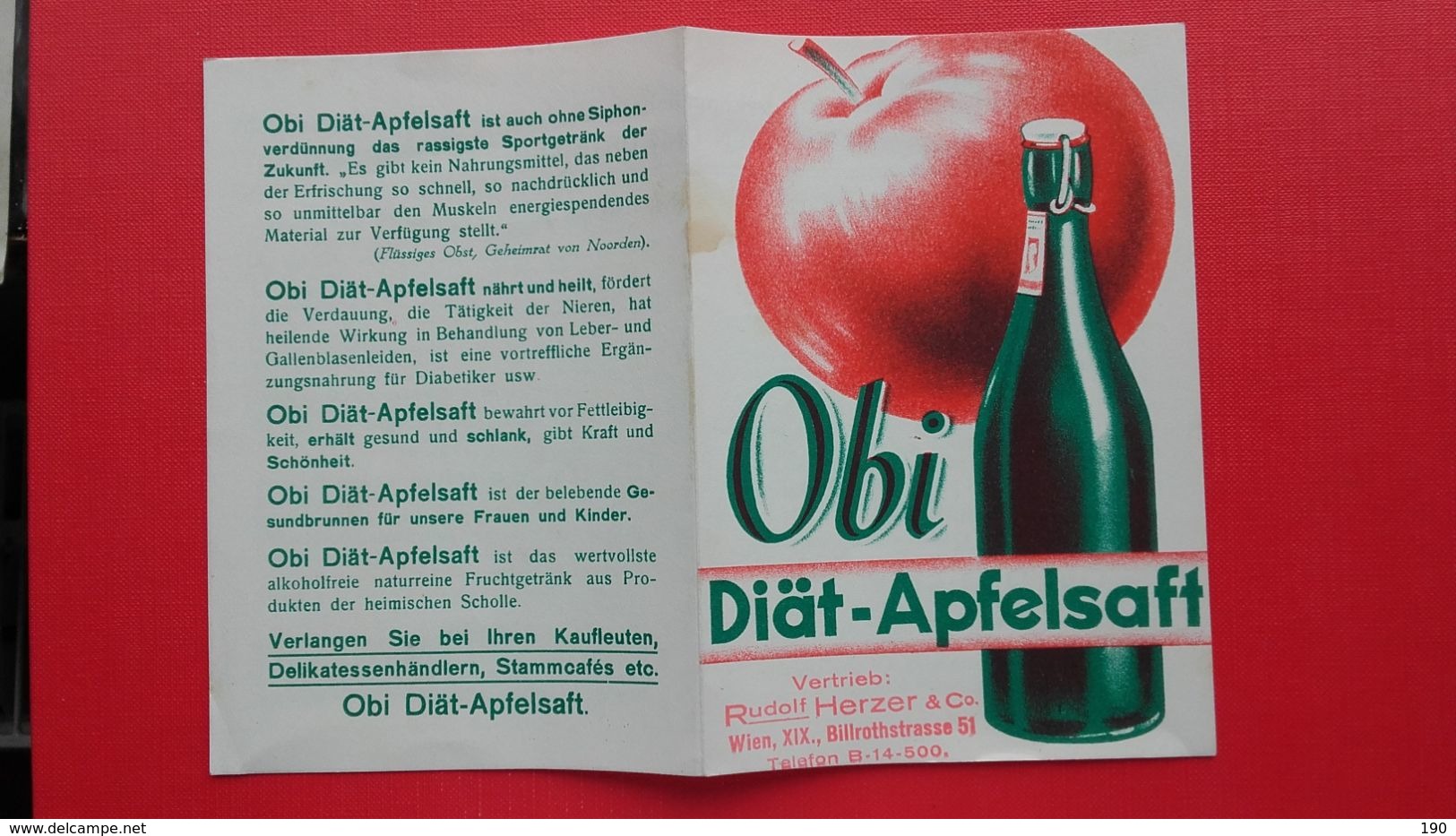 Obi Diat-Apfelsaft.Rudolf Herzer&Co.Wien XIX - Matasellos Generales