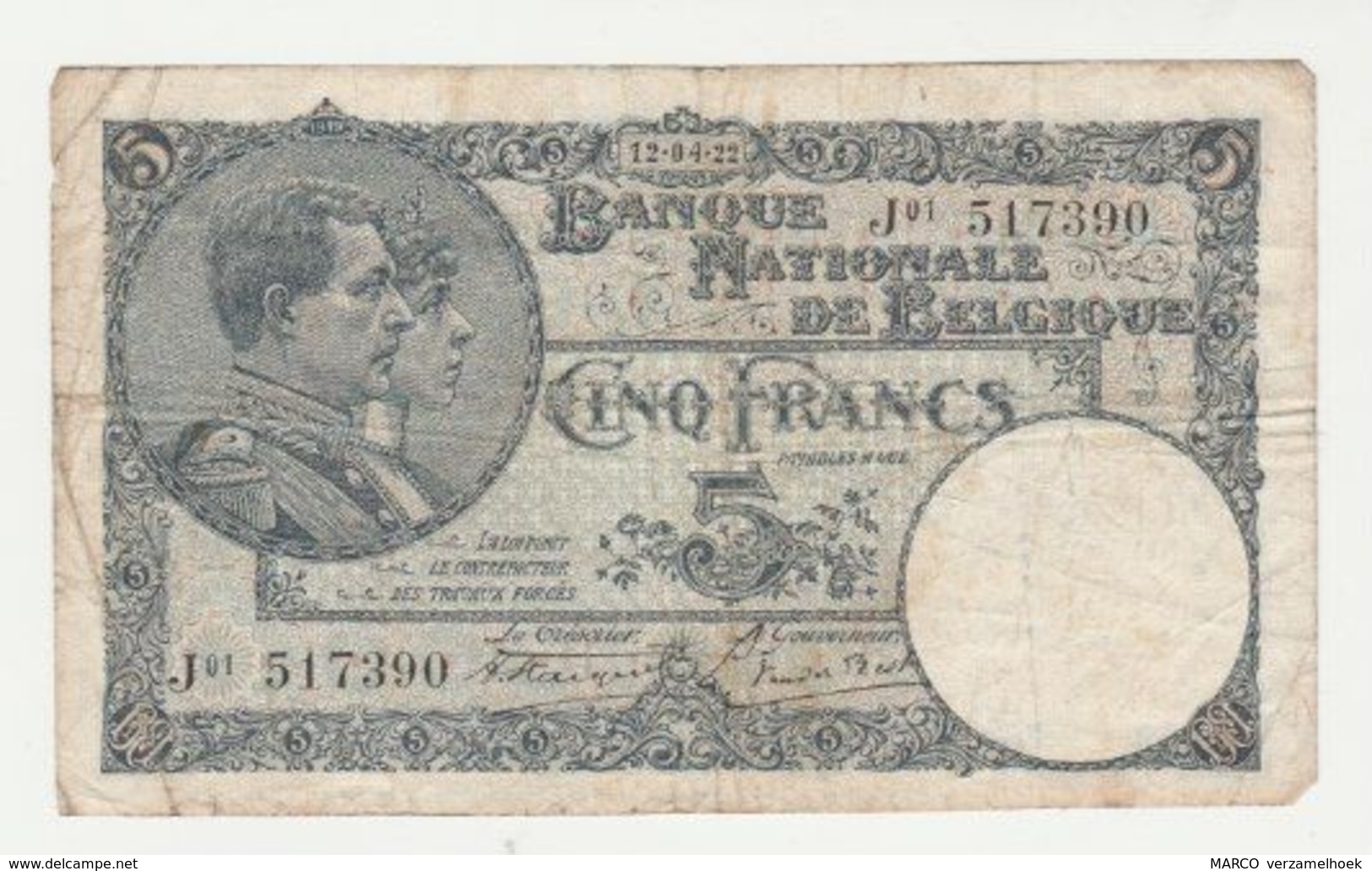 Used Banknote Belgie-belgique 5 Frank 1922 - 5 Francs