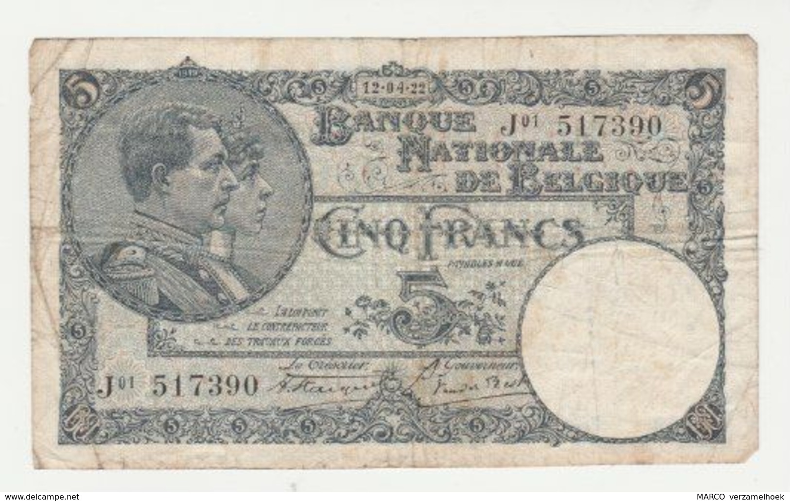 Used Banknote Belgie-belgique 5 Frank 1922 - 5 Franchi