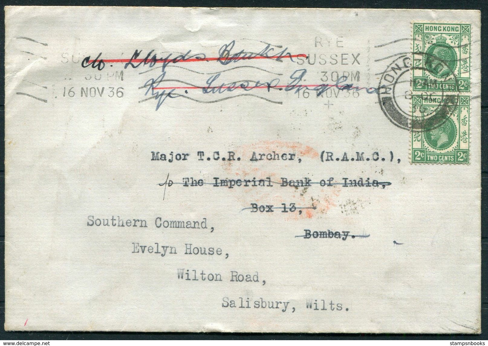 1936 H.K. Union Insurance Canton Ltd Cover - Major T.C.R. Archer Royal Army Medical Corps, Bombay, Salisbury,Rye England - Covers & Documents