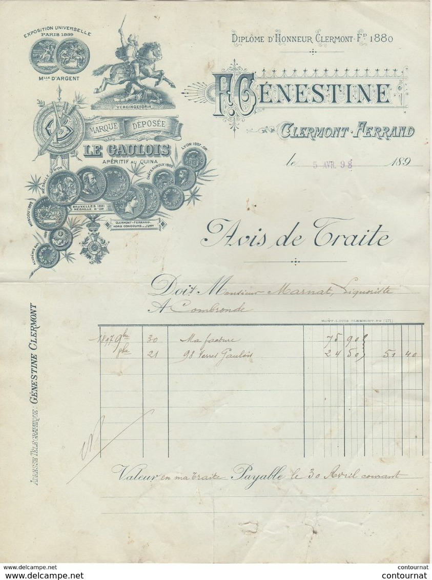 63 CLERMONT FERRAND FACTURE 1898 Distillerie  Marque " LE GAULOIS " Apéritif Au Quina  F. GENESTINE   Z25 Vercingétorix - 1800 – 1899