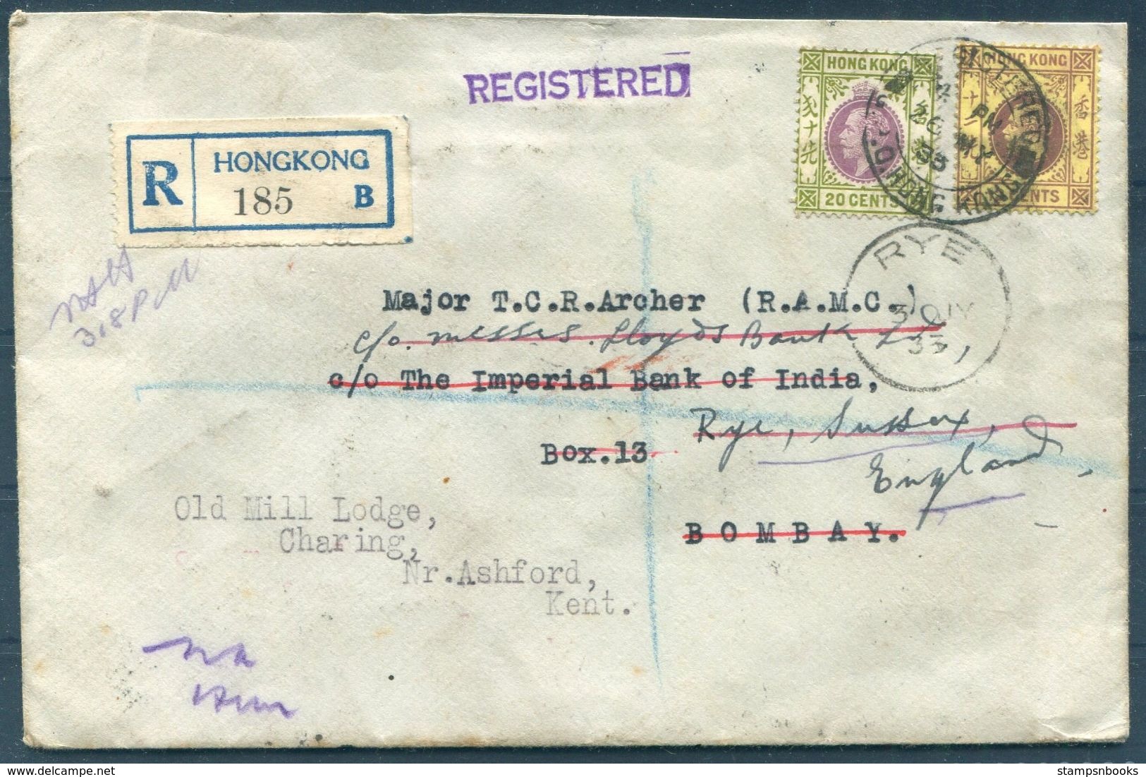 1933 H.K. Registered Canton Union Insurance Cover - Major T.C.R. Archer R.A.M.C. Bombay Redirected Rye, Charing Kent - Covers & Documents