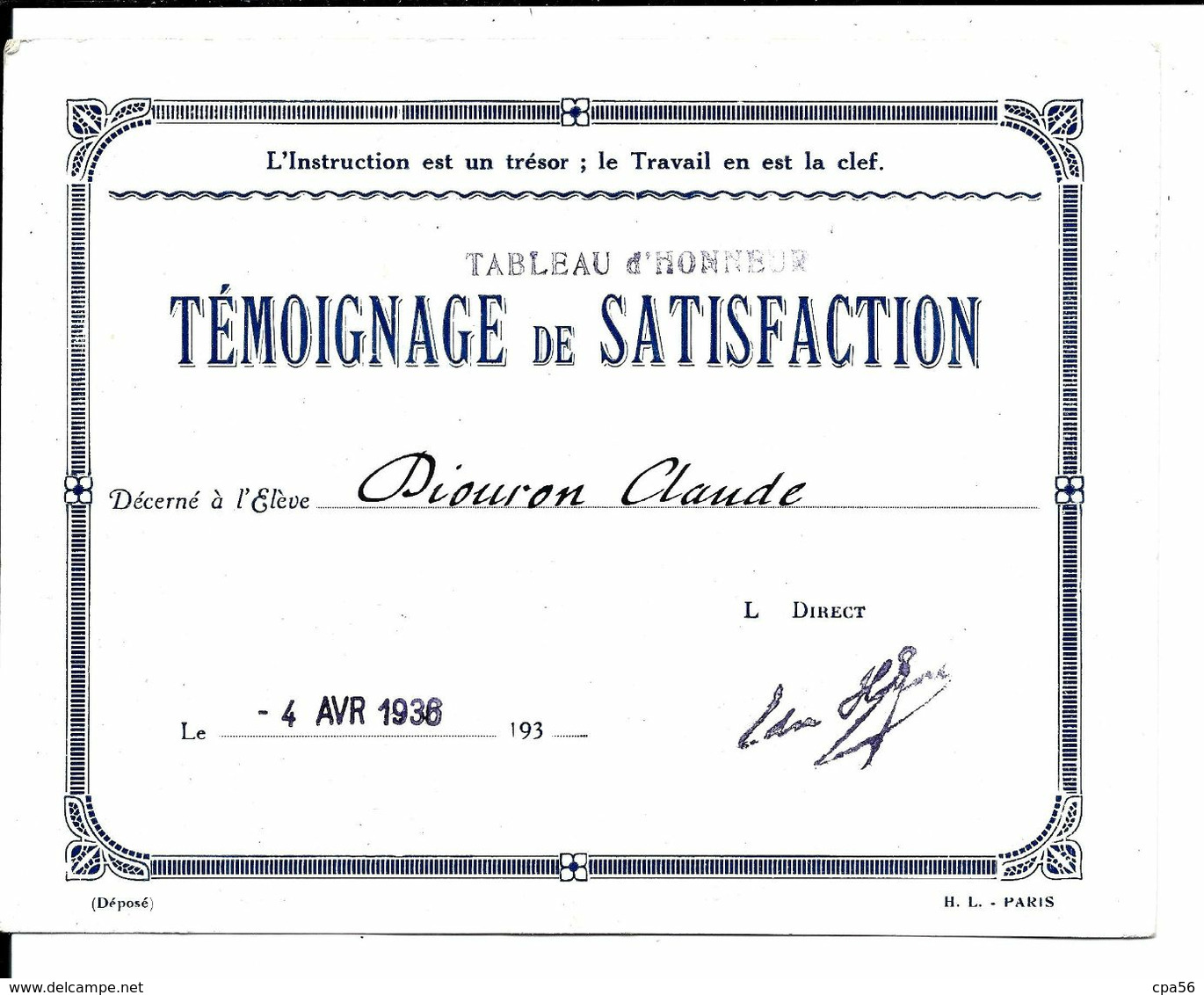 Chromo Fable LA FONTAINE > Le Cigale Et La Fourmi - Au Verso > Tableau D'Honneur école - élève DIOURON (1936) - Ecoles