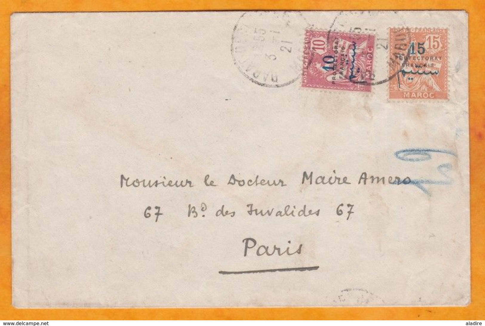 1921 - Mouchon 10 C + 15 C Surchargés Protectorat Sur Enveloppe De Rabat Vers Paris - Covers & Documents