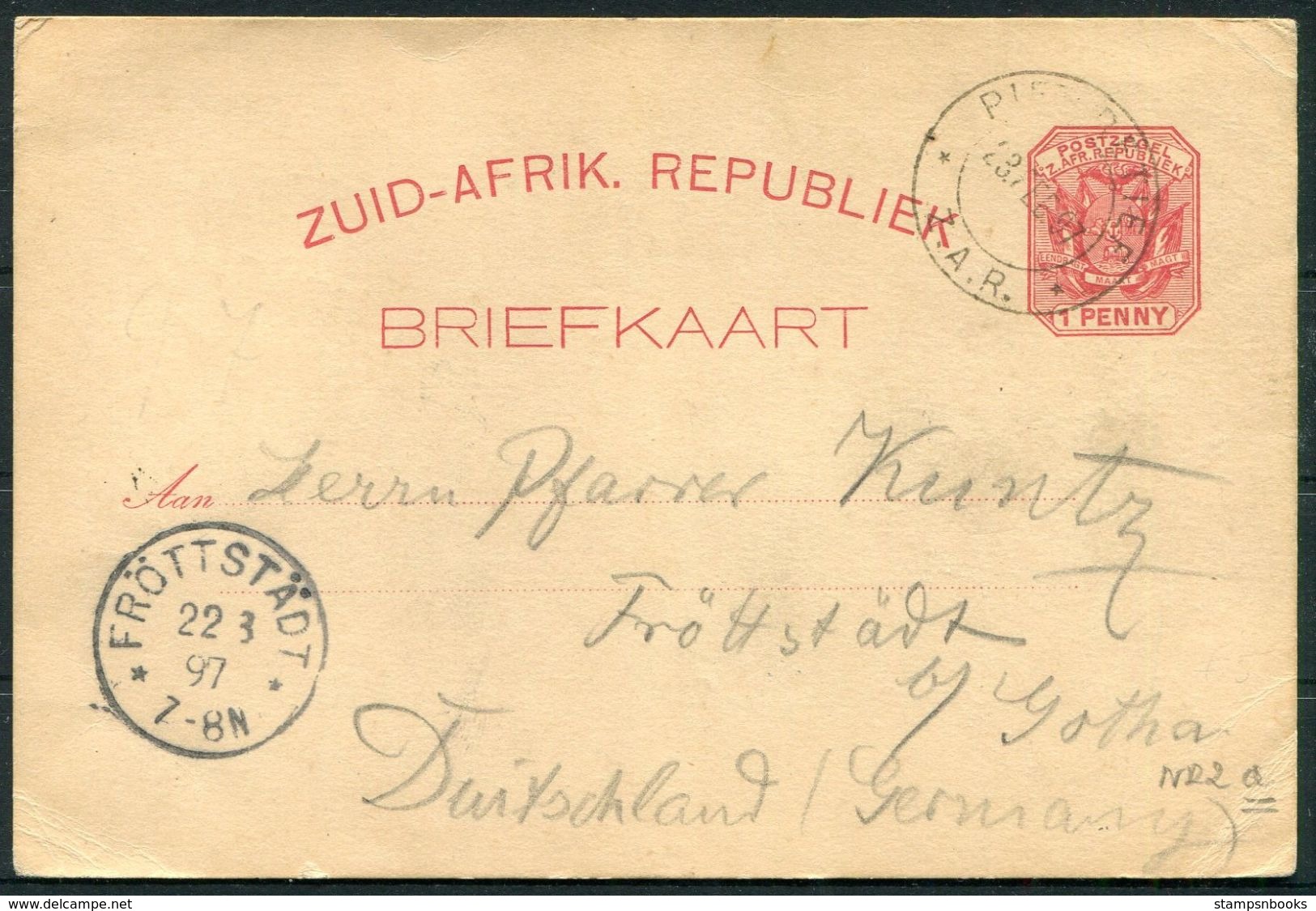 1897 South Africa Z.A.R. Stationery Postcard - Frottstadt Germany - New Republic (1886-1887)