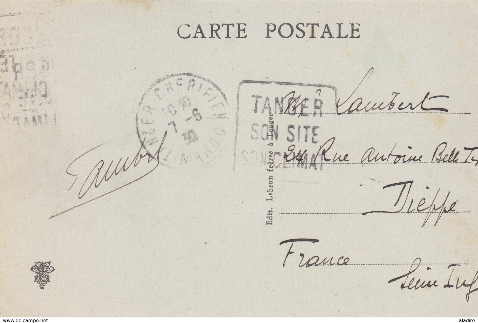1930 - CP De Tanger, Maroc, Vers Dieppe, France - Daguin Tanger Son Site Son Climat  - Affrt 25 C - Briefe U. Dokumente