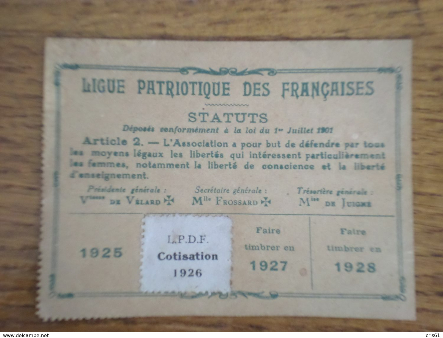 Carte D'adhésion à La Ligue Patriotique Des Françaises Du Comité De Brunoy, Avec étiquette De Cotisation Pour 1926 - Documents Historiques