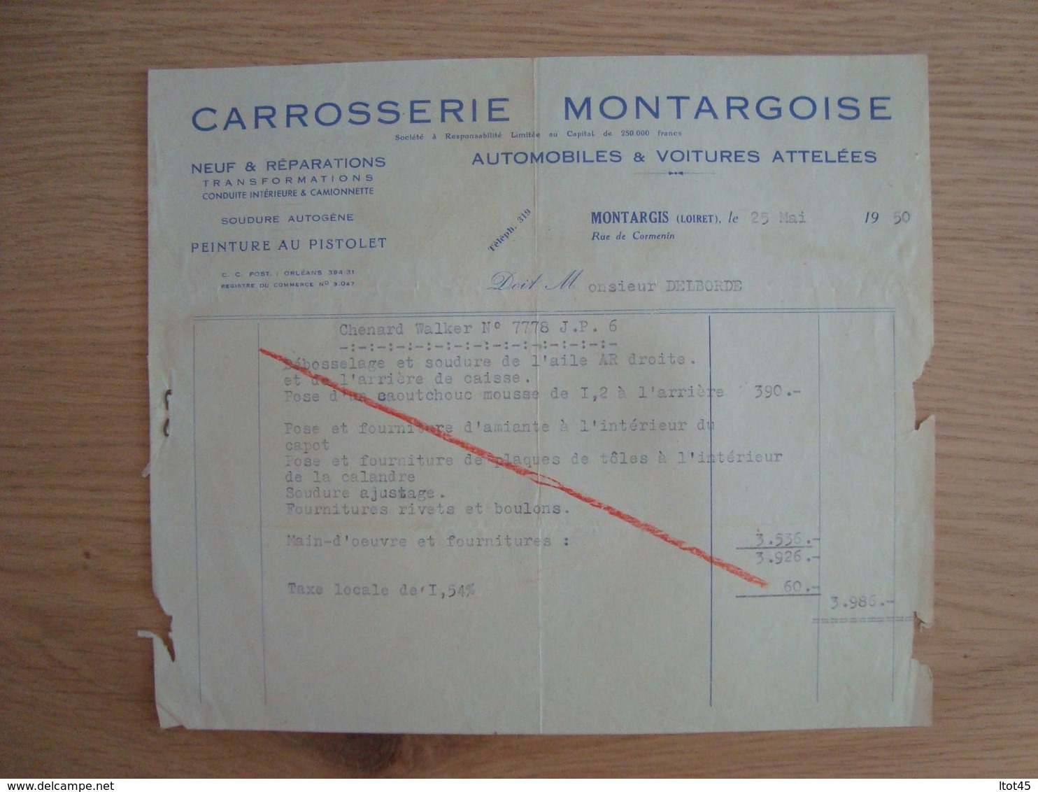 FACTURE CARROSSERIE MONTARGOISE AUTOMOBILES MONTARGIS 1950 - Automobil