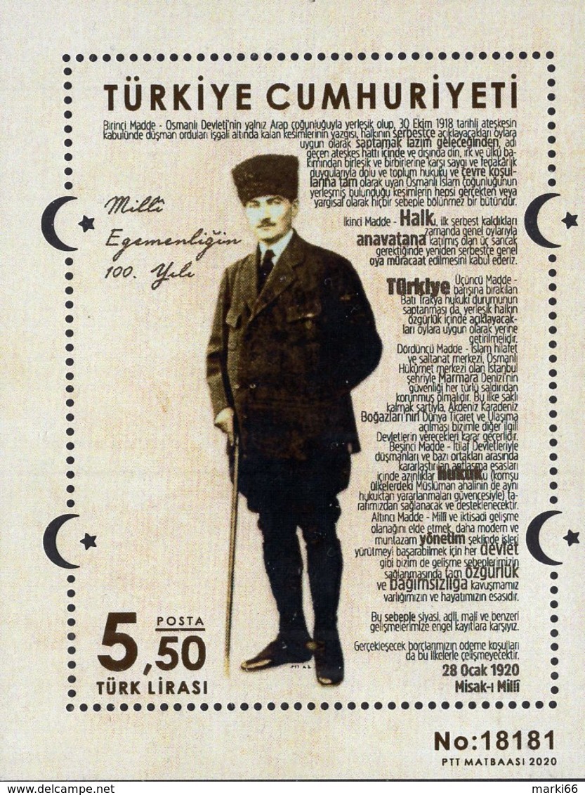 Turkey - 2020 - Centenary Of Sovereignty - Mustafa Kemal And Sovereignty Declaration Of 1920 - Mint Souvenir Sheet - Ongebruikt