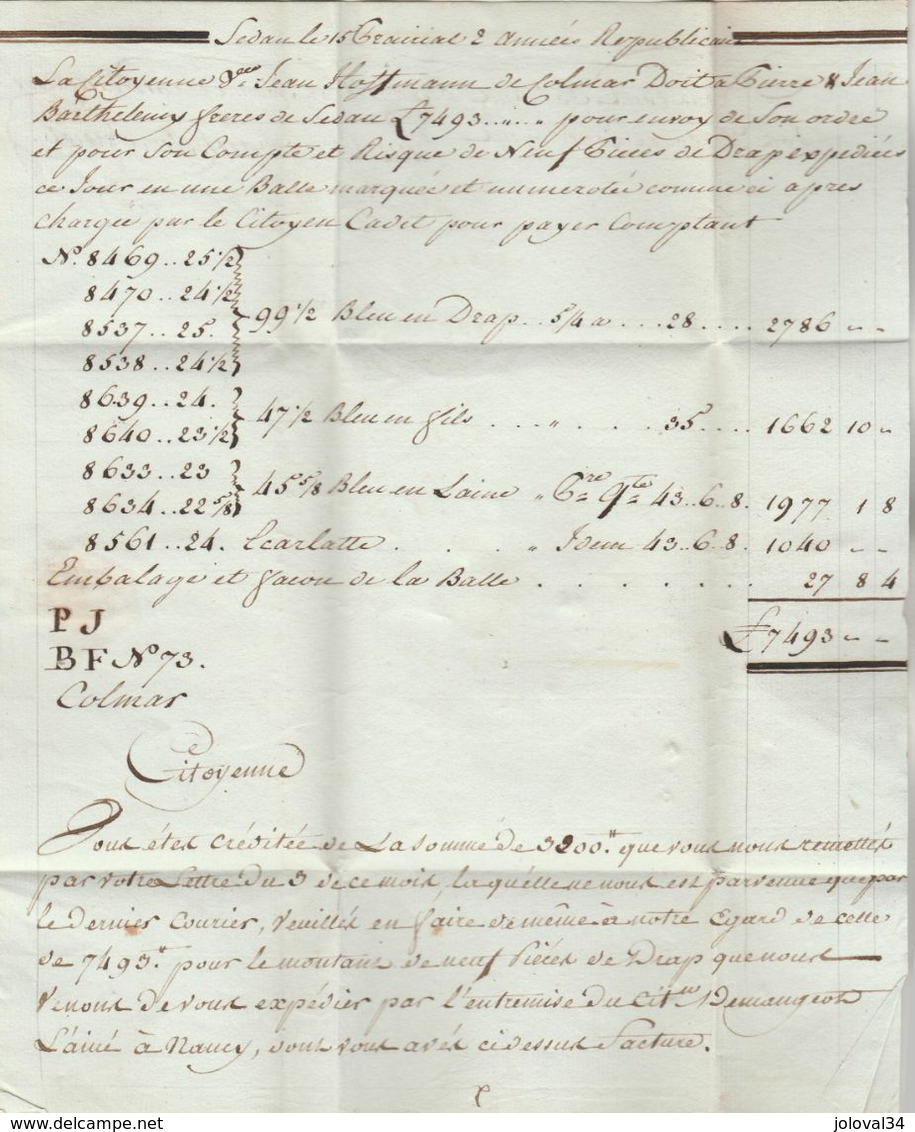 LAC Marque Postale Rouge 7 SEDAN Ardennes 15 Prairial An 2 à Citoyenne Hoffmann Colmar Bas Rhin VOIR DESCRIPTION - 1701-1800: Precursors XVIII