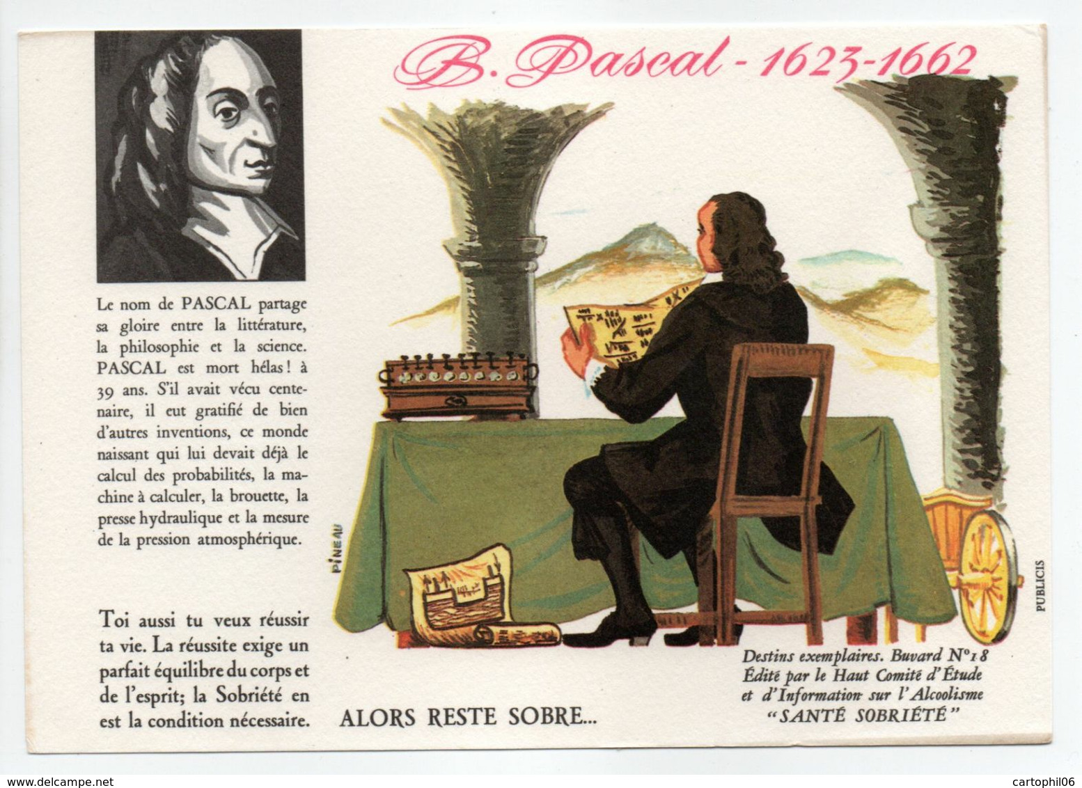 - BUVARD ALCOOLISME - SANTÉ SOBRIÉTÉ - PASCAL - 1623-1662 - Buvard N° 18 - - A