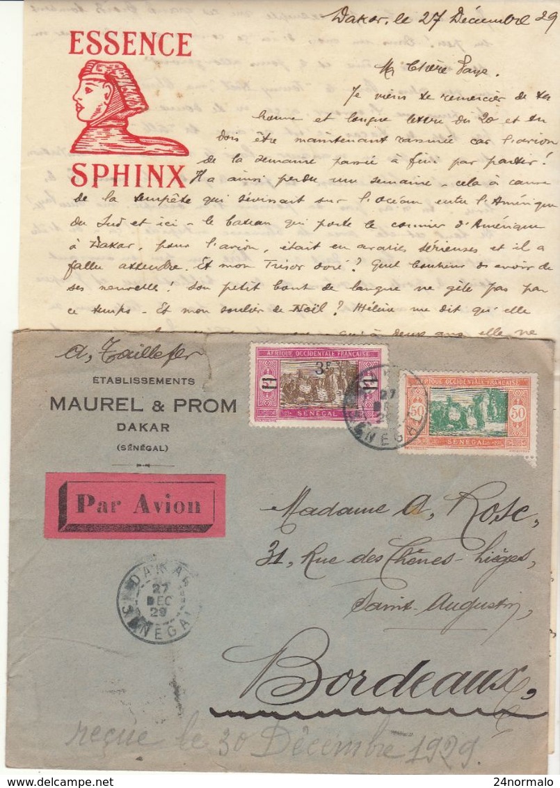 Enveloppe / Avion + Correspondance "Essence Sphinx"  3F50 O. Dakar  Sénégal 1929 - Briefe U. Dokumente