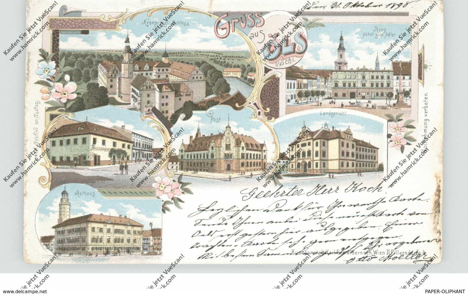 NIEDER-SCHLESIEN - OELS / OLESNICA, Lithographie 1898, Hotel Goldener Adler, Gasthaus Lachmann, Post, Landgericht... - Neumark