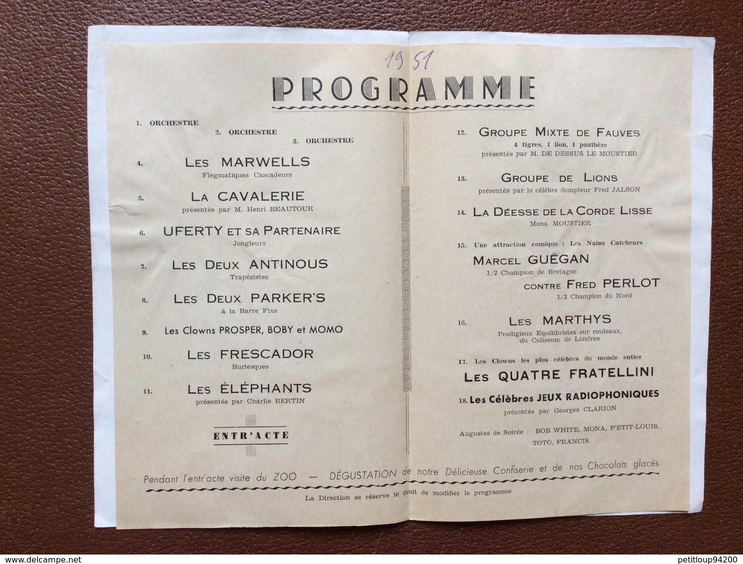 PROGRAMME CIRQUE  Cirque FRANCO-BELGE  Annee 1951 - Programs