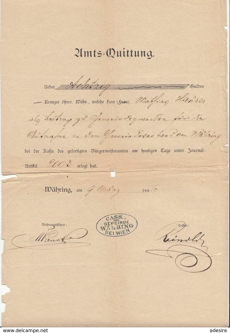 AMTS-QUITTUNG (datiert 1886) Kassa D.Gemeinde Wien Währing, 2 H Steuermarke ..., Dok., A3 Format, Gefaltet ... - Austria