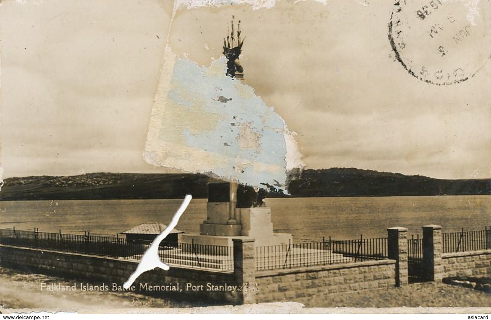 Real Photo Falkland Islands Battle Memorial  Port Stanley .Used To Remedios Cuba 1938 .  Defects . Hole And Paper Stuck - Islas Malvinas