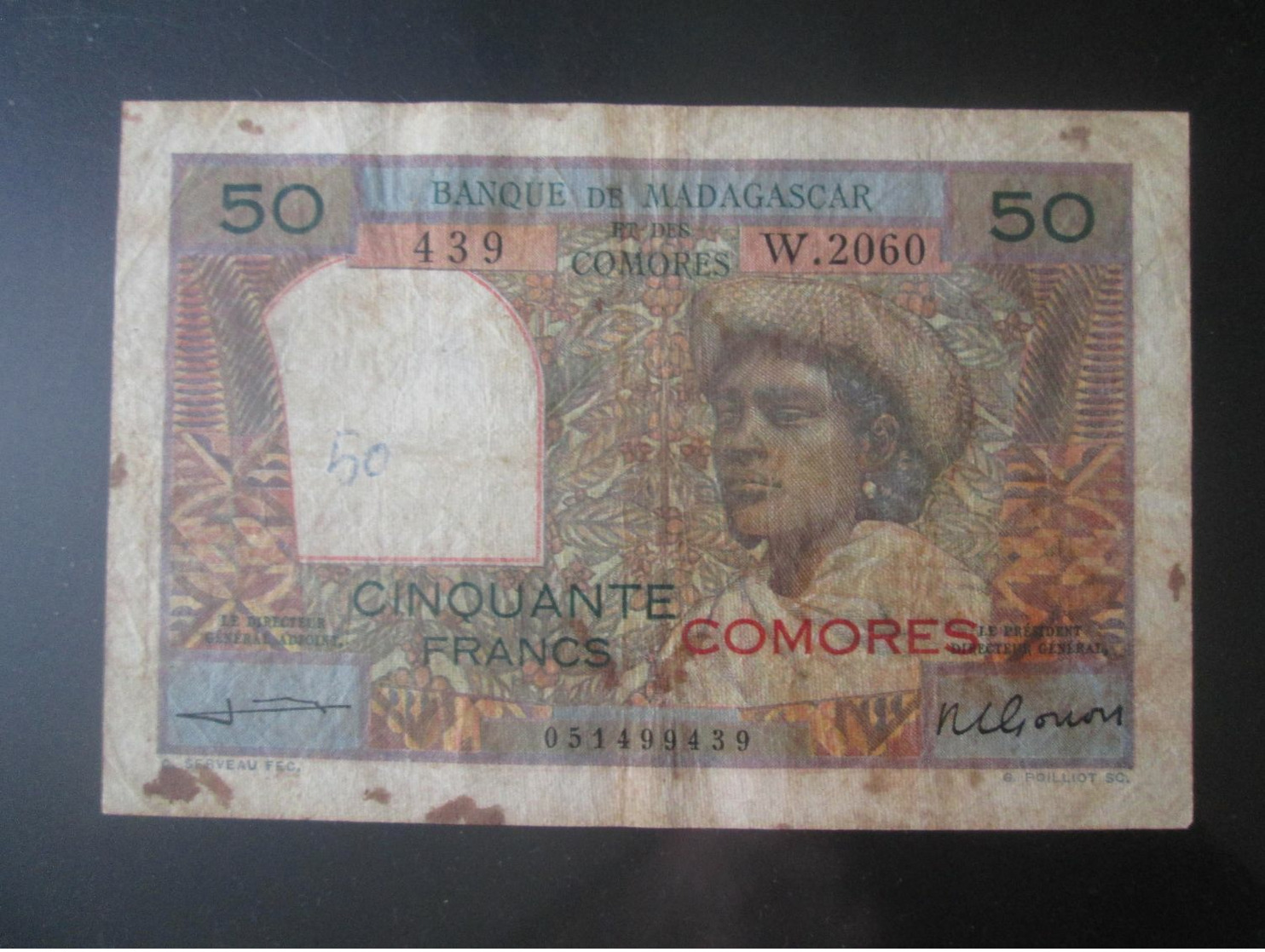 Rare! Comores/Comoros-Banque De Madagascar/Bank Of Madagascar 50 Francs 1963 Banknote Red Overprint - Comoros