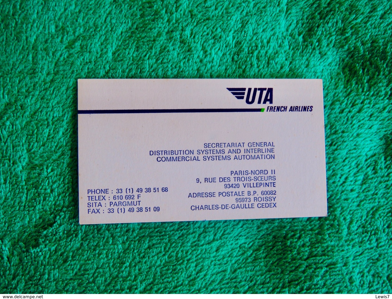 Carte De Visite U.T.A. French AIRLINES - Artículos De Papelería