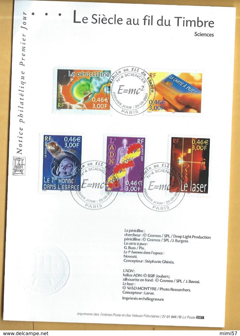 Notice 1er Jour - Le Siécle Au Fil Du Timbre Sciences 2001 - Collectors
