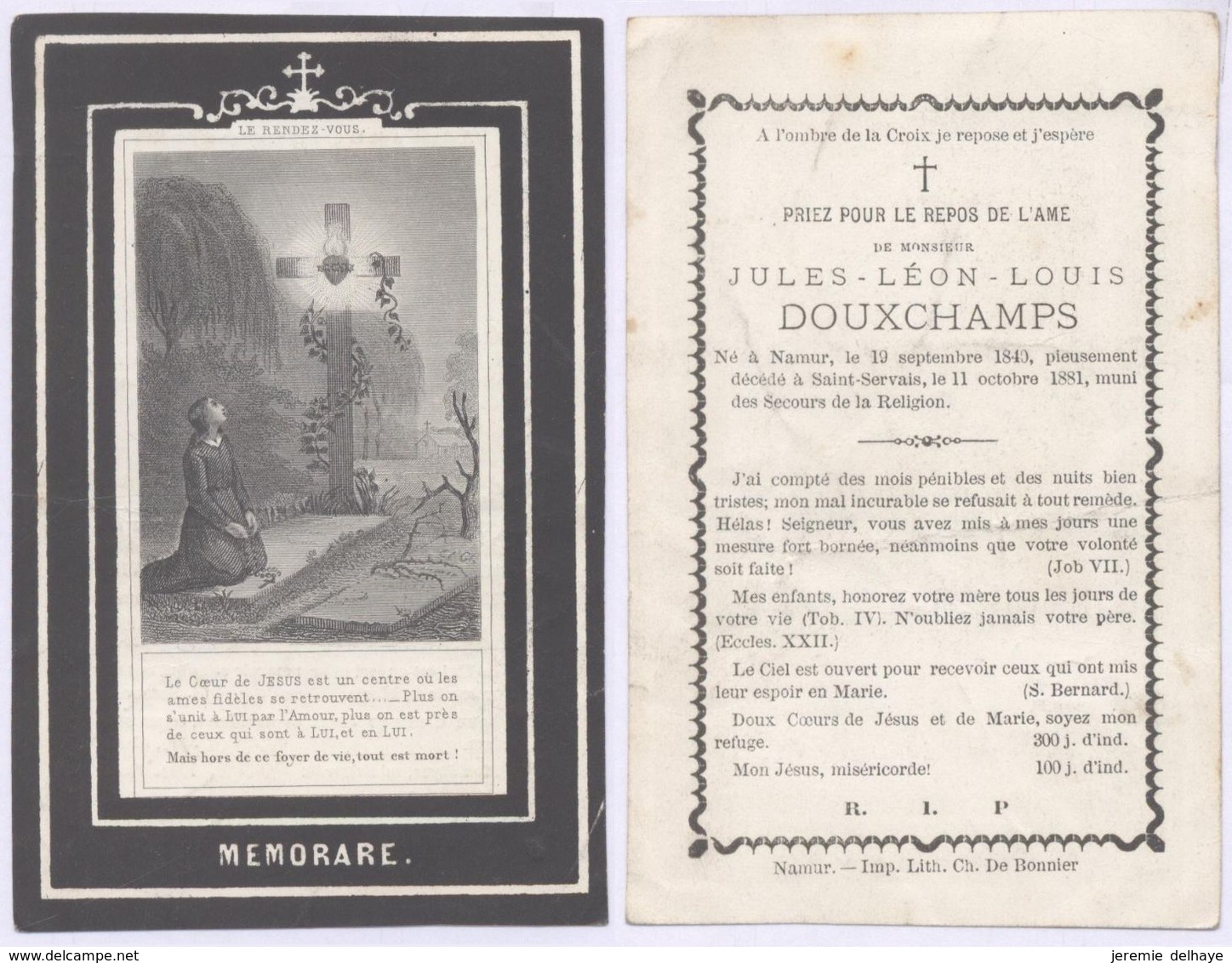 Belgique - Mortuaire : Jules-Léon-Louis Douxchamps, Namur 19/9/1840 - Saint Servais 11/10/1881 - Obituary Notices