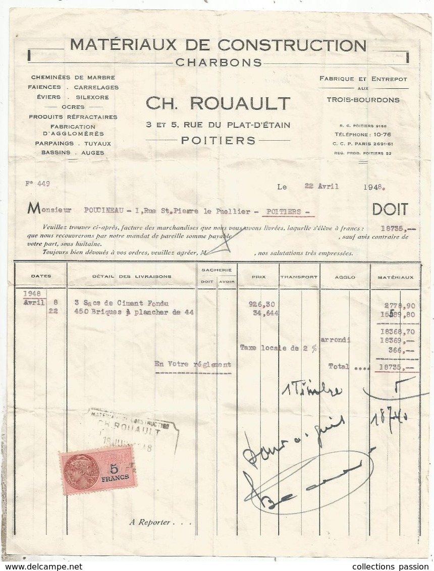 Facture , Matériaux De Construction , Charbons , Ch. Rouault , POITIERS , Vienne , 1948 , Frais Fr 1.65 E - 1900 – 1949