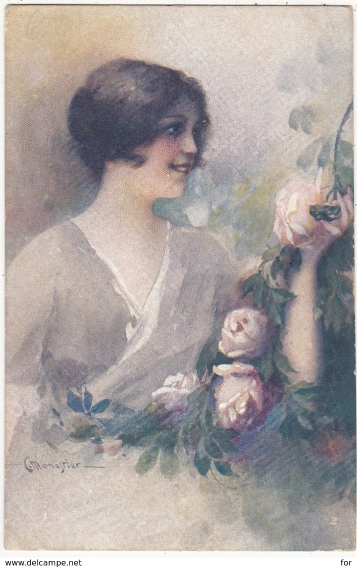 Illustrateurs : C.  MONESTIER : Lady - Girl - Fräu - Portrait De Jeune Femme Avec Des Roses : Art Nouveau - - Monestier, C.