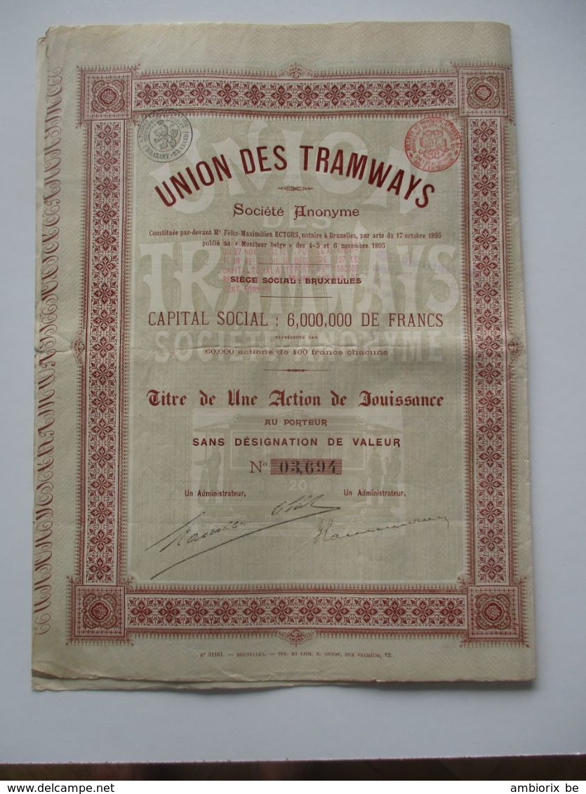 Union Des Tramways - Capital 6 000 000 - Action De Jouissance - 1895 - Transportmiddelen