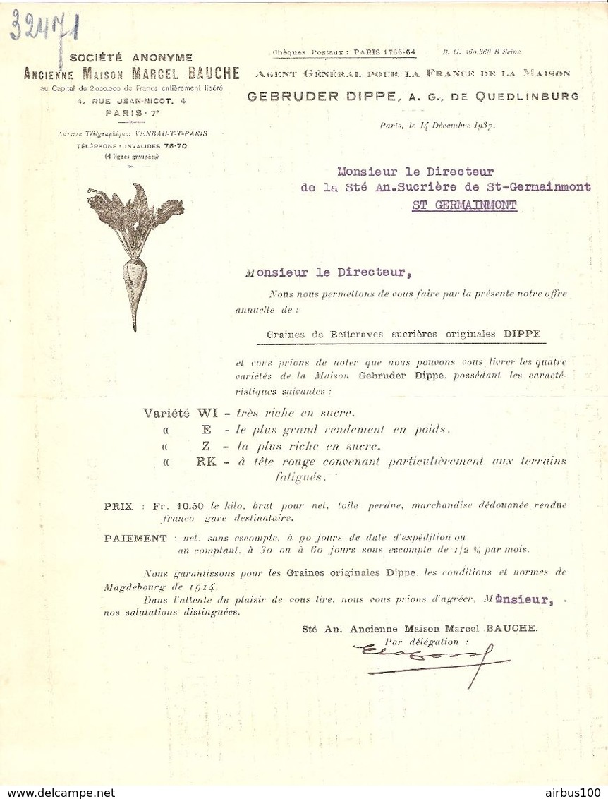 LETTRE 1937 M. BAUCHE MAISON GEBRUDER DIPPE QUEDLINBURG - GRAINE De BETTERAVE WI E Z RK - SUCRIERE St GERMAINMONT - Landwirtschaft