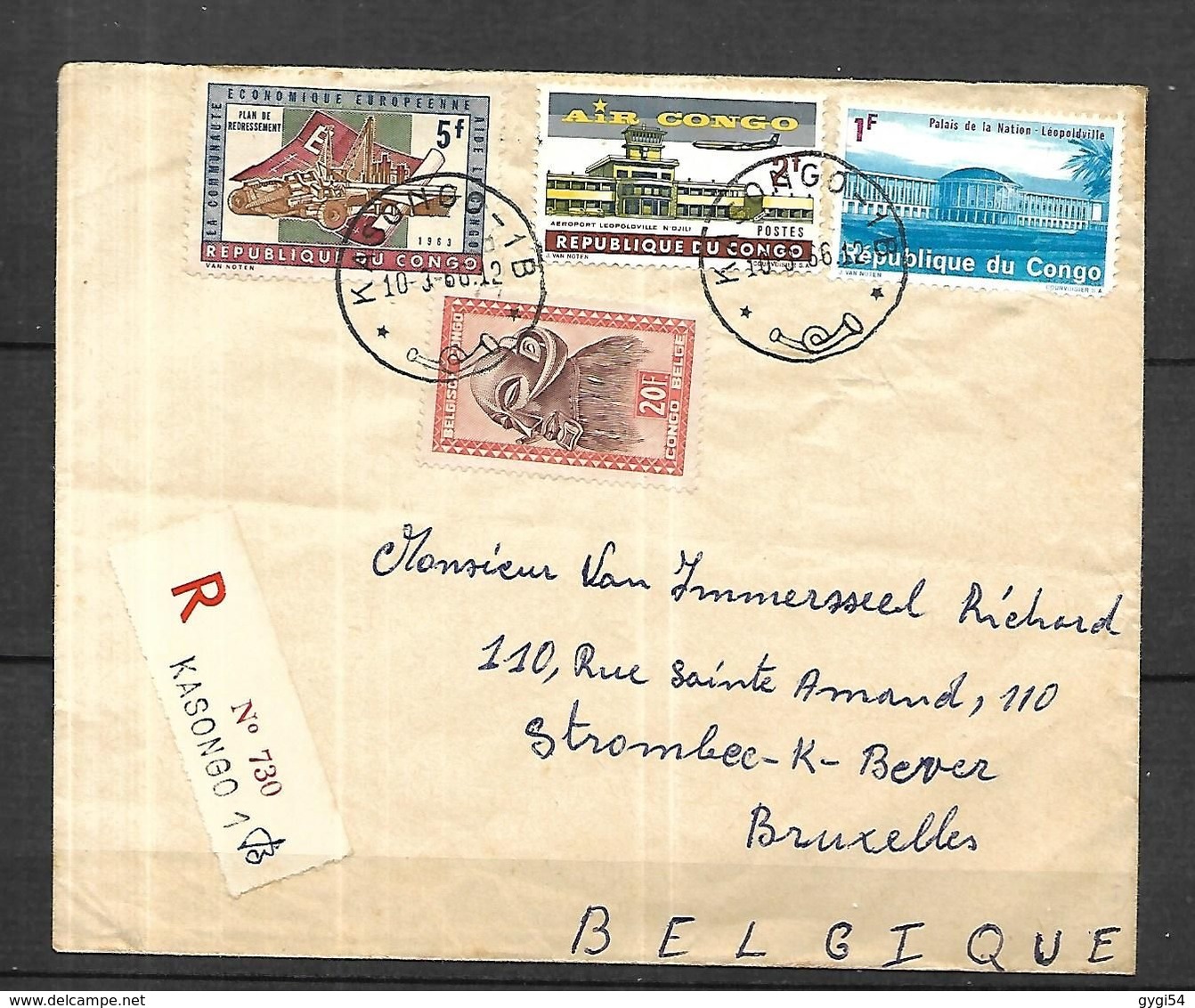 Congo  Lettre Recommandée Du 10 03   1966 De Kasonga Pour Bruxelles - Altri & Non Classificati