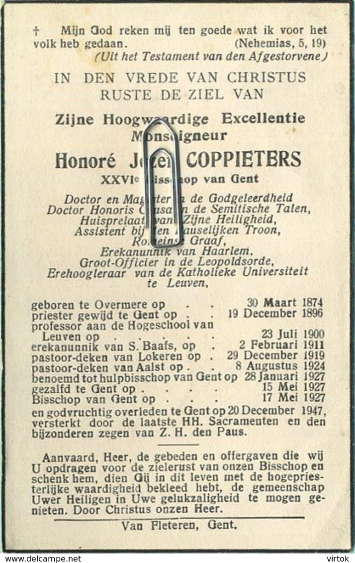 Honoré Coppieters : Overmere 1874 - Gent 1947  ( See Scans ) Pastoor Deken Aalst - Lokeren - Andachtsbilder