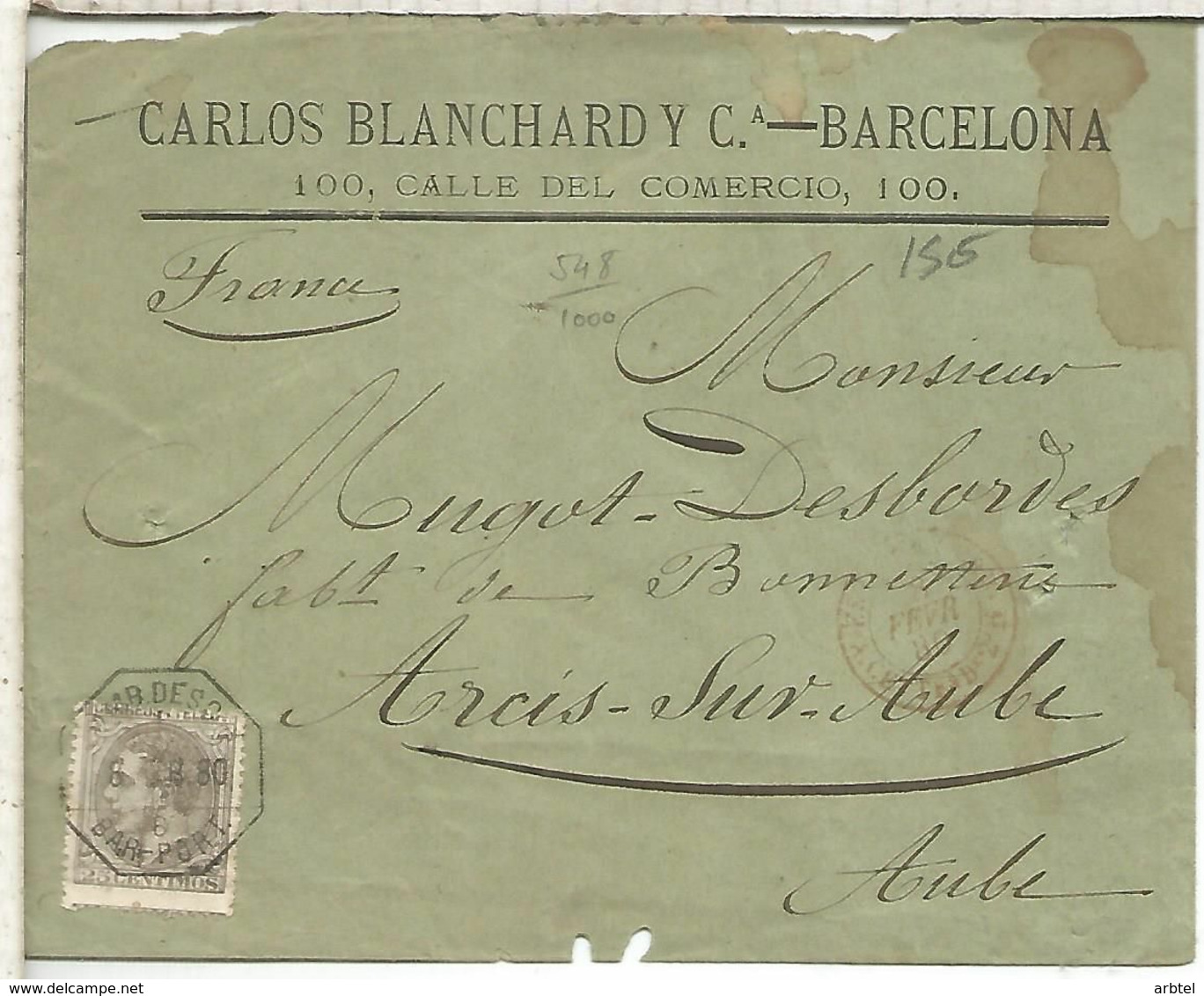 ALFONSO XII BARCELONA A AUBE MAT AMBULANTE A PORT BOU 1880 - Lettres & Documents