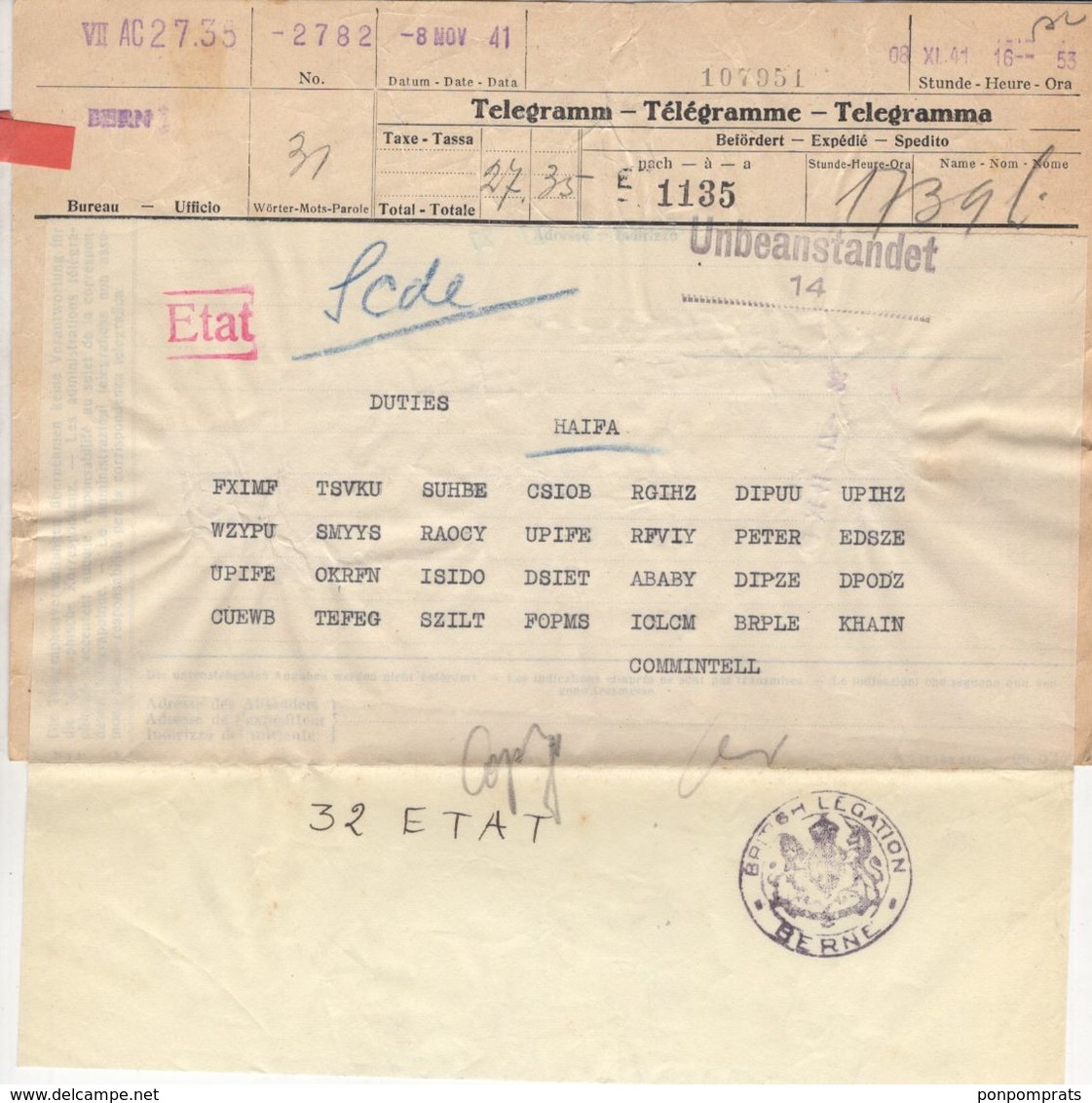 Second World War: Code Telegram From The British Legation In Bern For DUTIES HAÏFA 1941 - Documentos Históricos