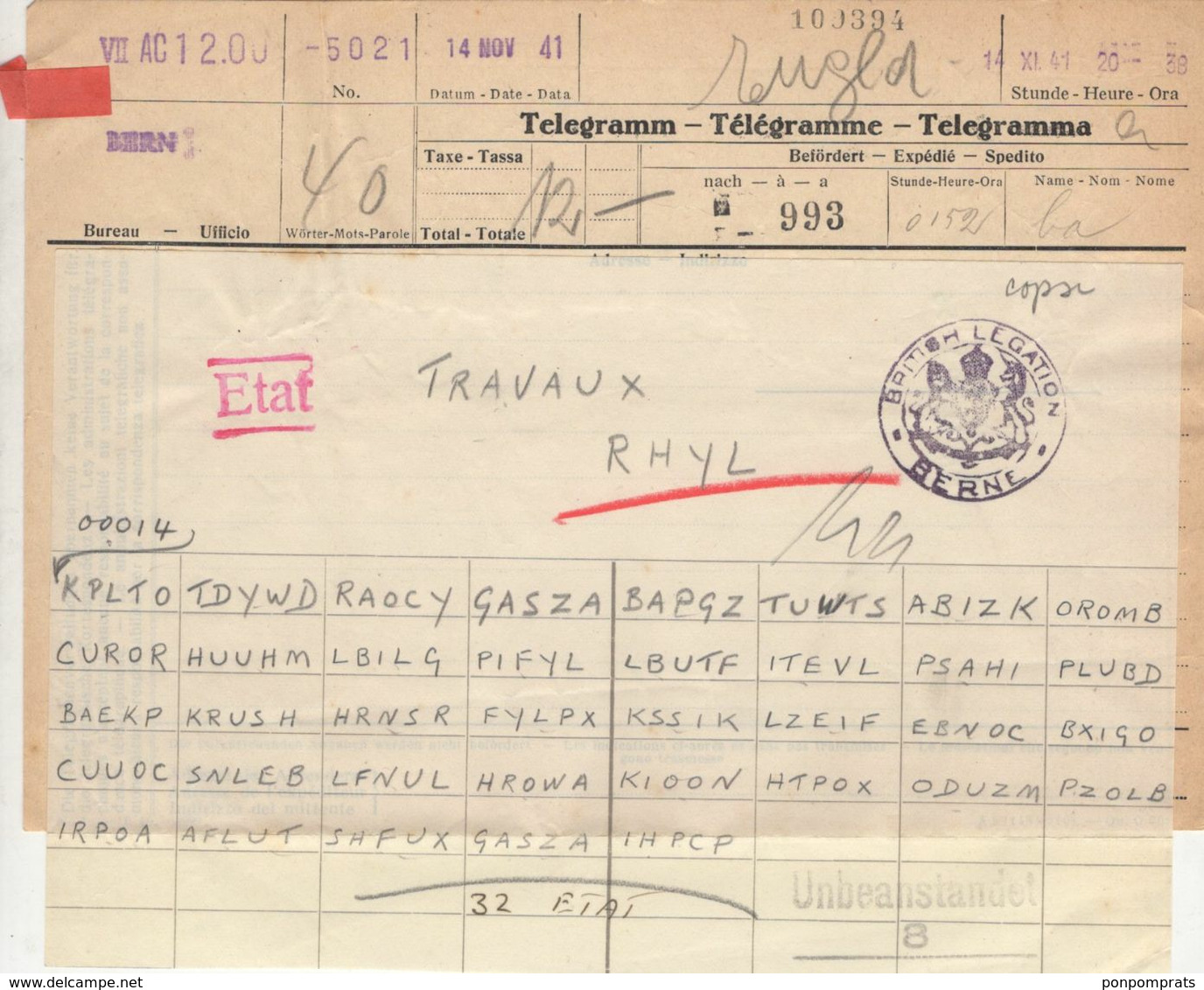 Second World War: Code Telegram From The British Legation In Bern For TRAVAUX RHYL 1941 - Documenti Storici