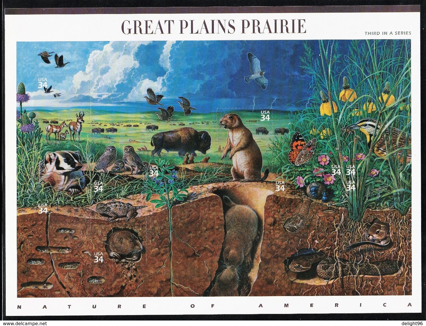 2001 USA Nature Of America, Great Plains Prairie: Birds, Butterfly, Reptiles, Mammals, Flora Sheet (Self Adhesive) - Otros & Sin Clasificación