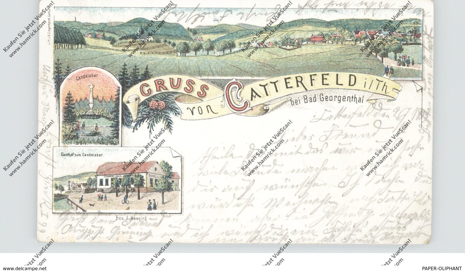 0-5805 GEORGENTHAL - CATTERFELD, Lithographie, Gasthof Zum Candelaber, Candelaber, Dorfansicht, Kl. Durchstich - Georgenthal