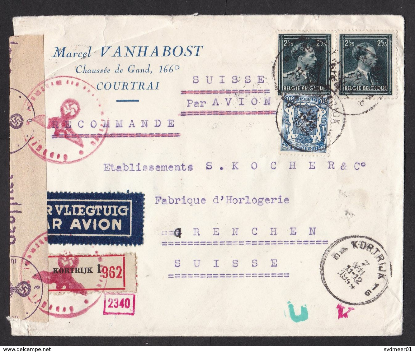 Belgium: Registered Airmail Cover To Switzerland, 1944, 3 Stamps, Censored, German Censor Label & Cancel (minor Damage) - Guerre 40-45 (Lettres & Documents)