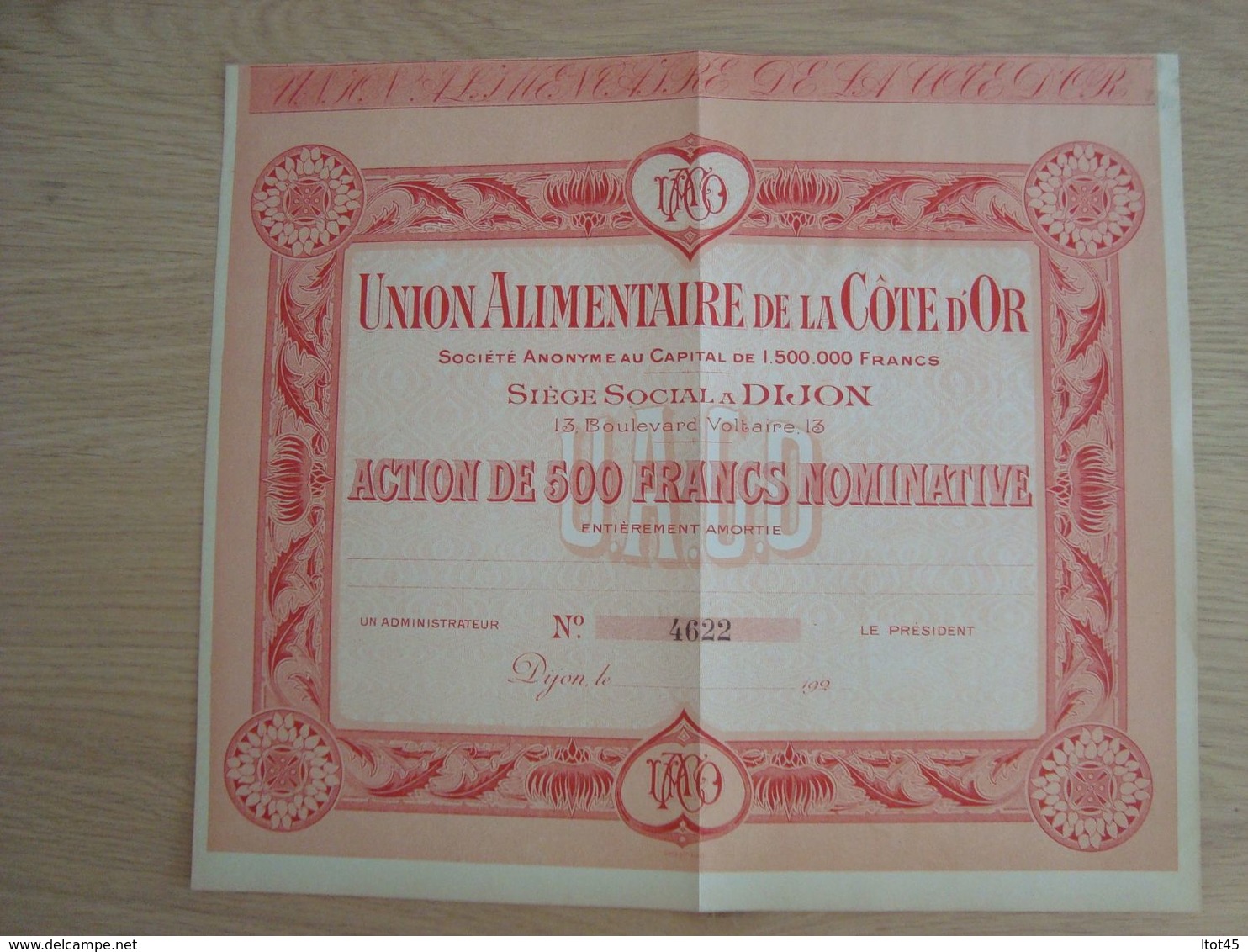 ACTION DE 500 FRANCS UNION ALIMENTAIRE DE LA CÔTE D'OR - Autres & Non Classés