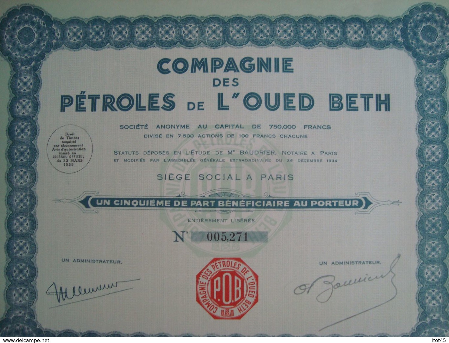 ACTION DE UN CINQUANTIEME DE PART BENEFICIERE COMPAGNIE DES PETROLES DE L'OUED BETH 1935 - Petróleo