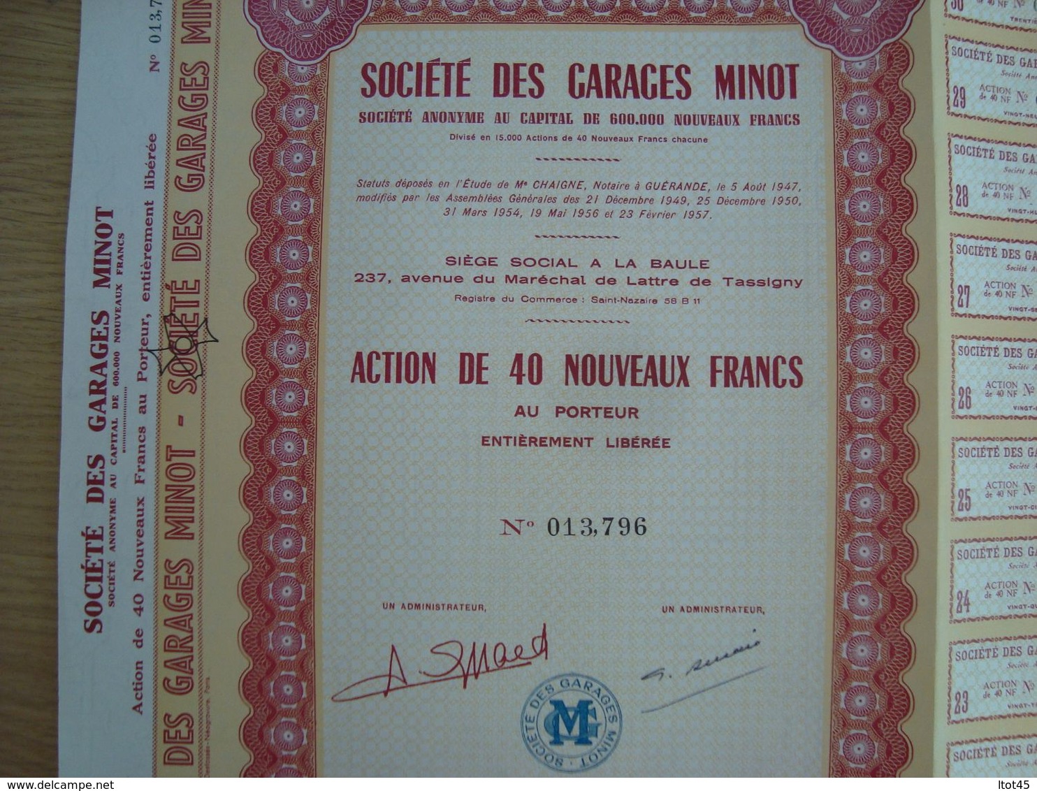 ACTION DE 40 NOUVEAUX FRANCS SOCIETE DES GARAGES MINOT 1960 - Automobilismo