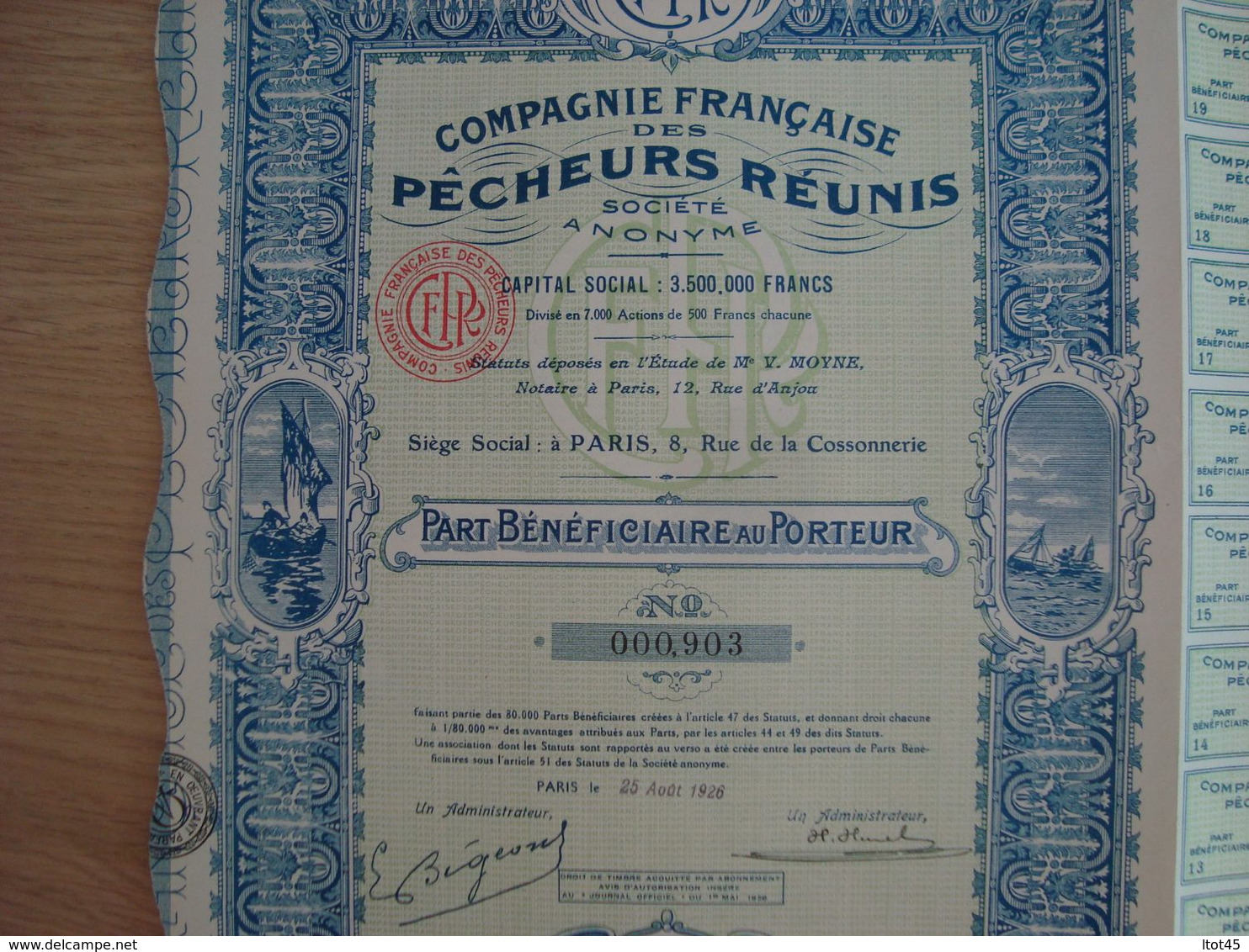 ACTION PART BENEFICIERE AU PORTEUR COMPAGNIE FRANCAISE DES PECHEURS REUNIS 1926 - Otros & Sin Clasificación