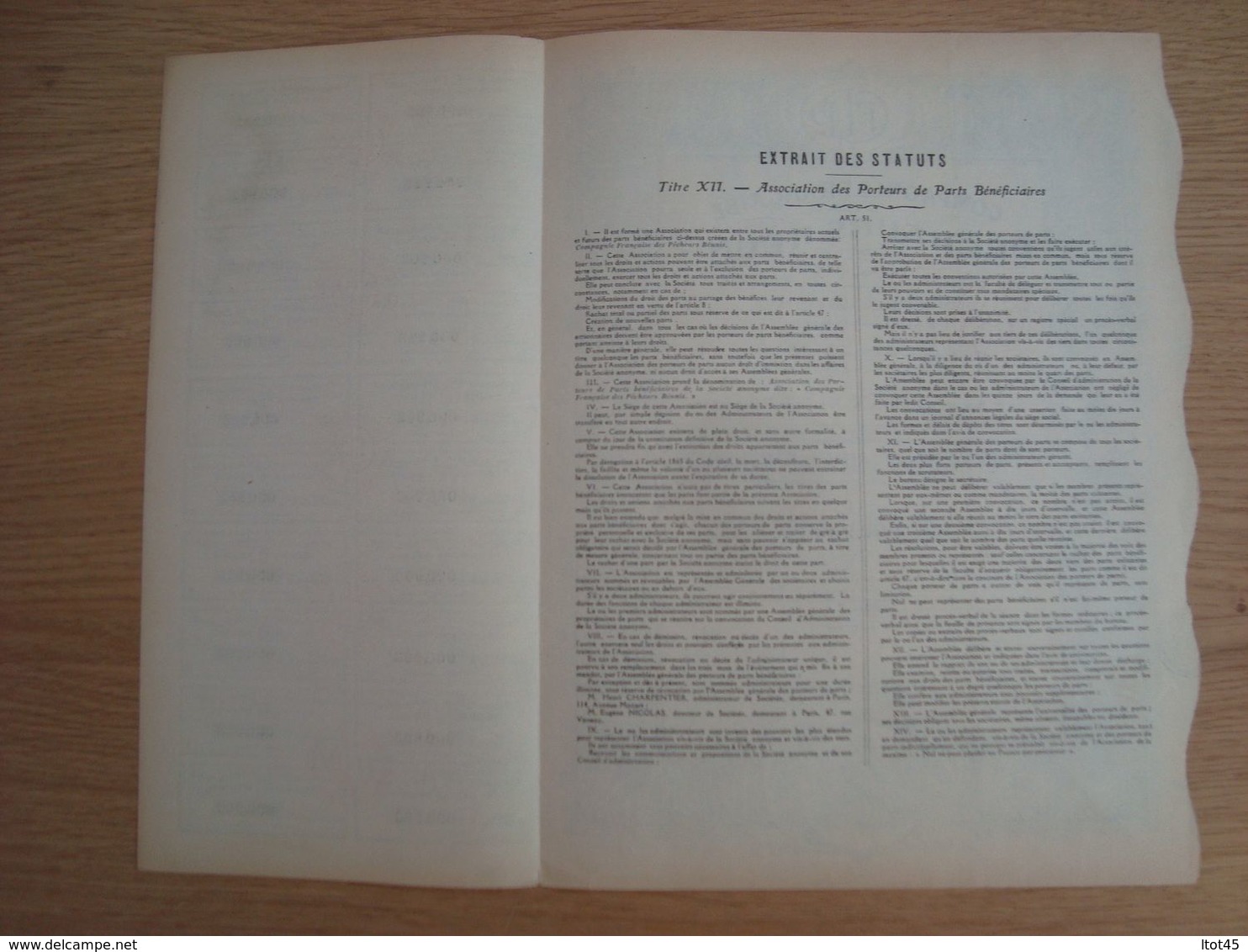 ACTION PART BENEFICIERE AU PORTEUR COMPAGNIE FRANCAISE DES PECHEURS REUNIS 1926 - Otros & Sin Clasificación