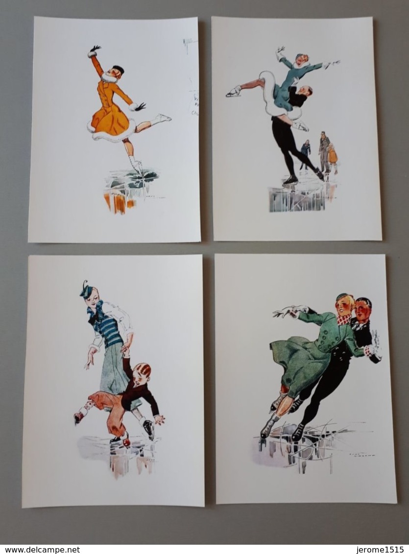 4 Affichettes De Reproduction De Dessins Anciens Sur Le Patinage  & - Skating (Figure)