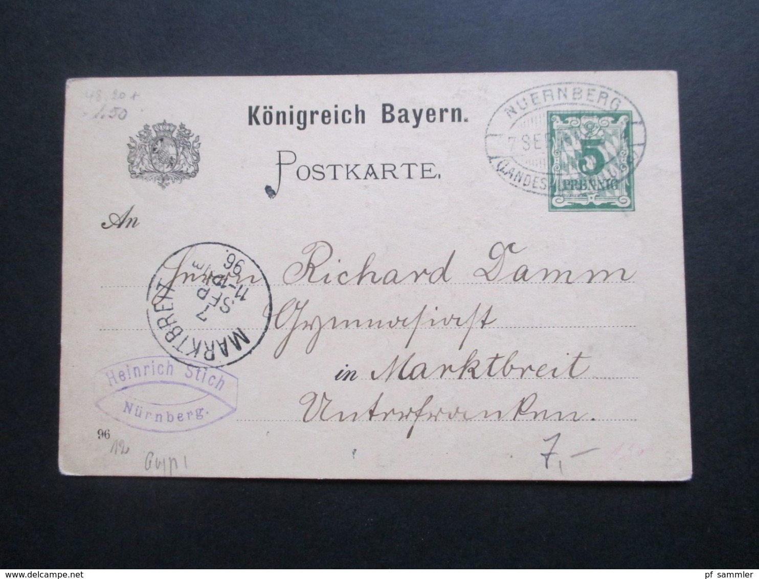 Altdeutschland Bayern 1896 5 Pf Ganzsache Nürnberg Landesausstellung Mit SST Der Ausstellung Gelaufen Nach Marktbreit - Interi Postali