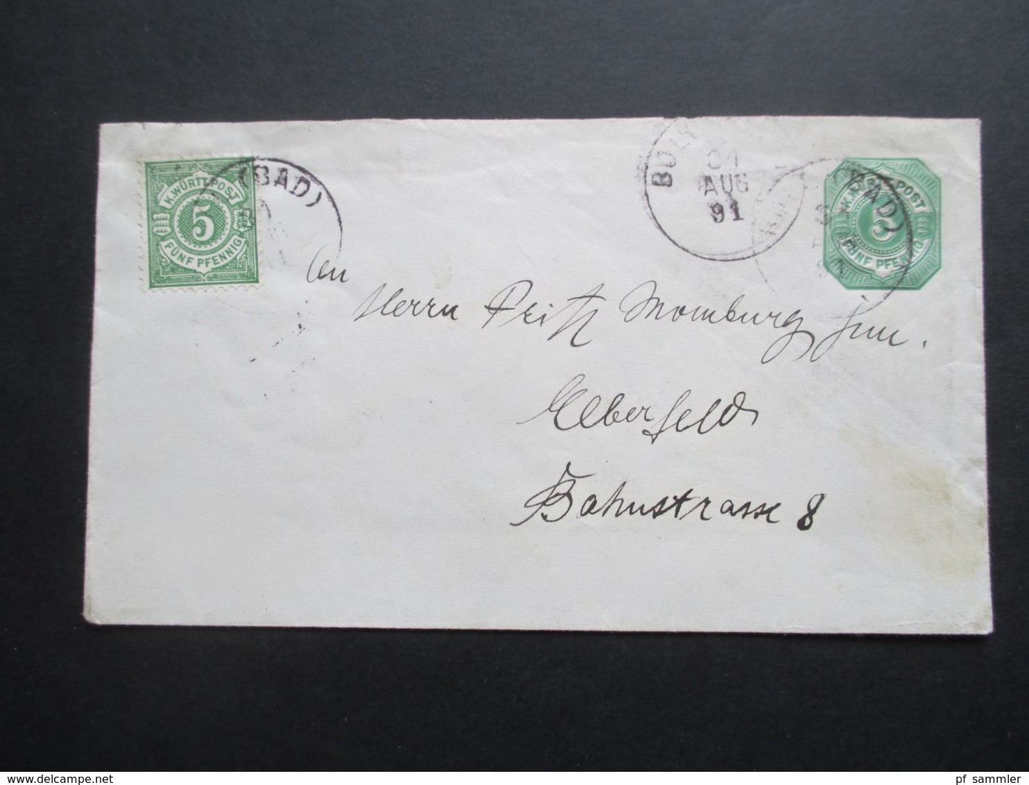 Altdeutschland Württemberg 1891 GA Umschlag Mit Zusatzfrankatur Gleicher Farbe Nach Elberfeld Mit Ank. Stp. K1 Elberfeld - Enteros Postales